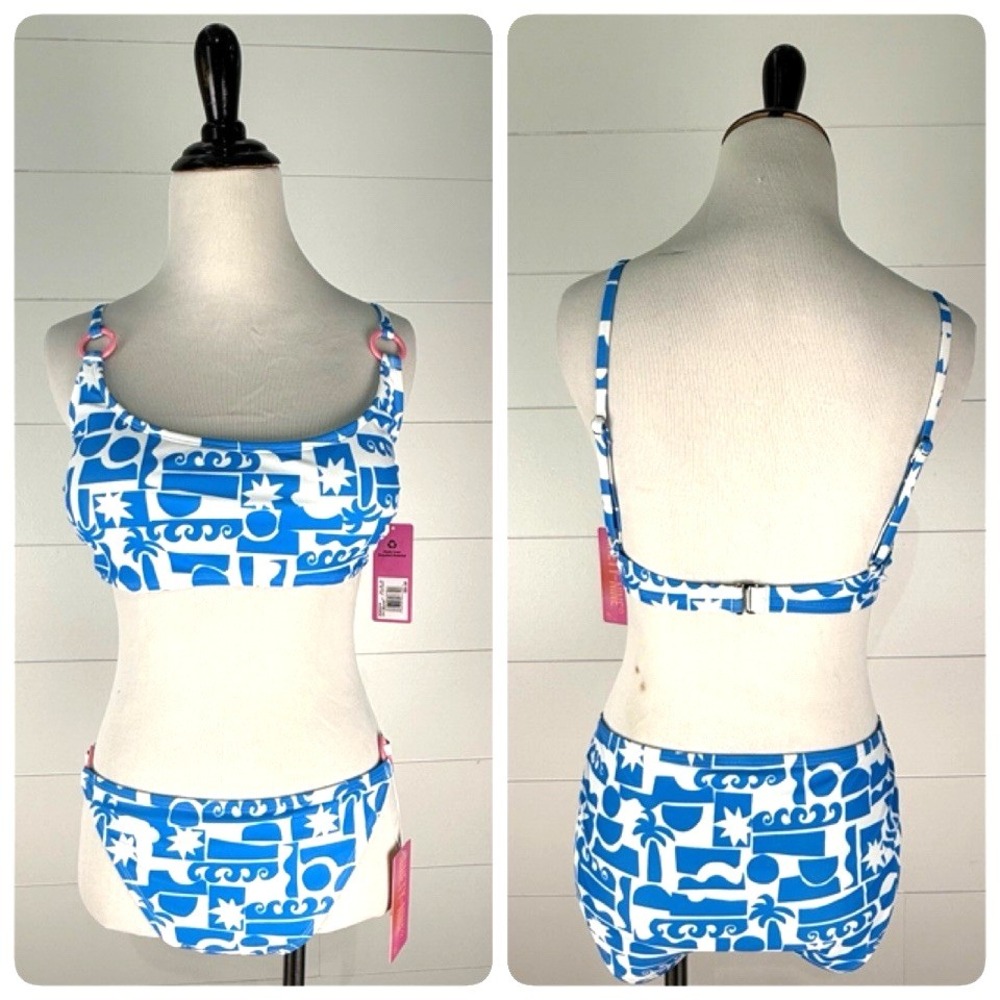 New Bikini Swimsuit Top Bottom Set Jr XL 15 17 Blue White Pink Beach Surf Print